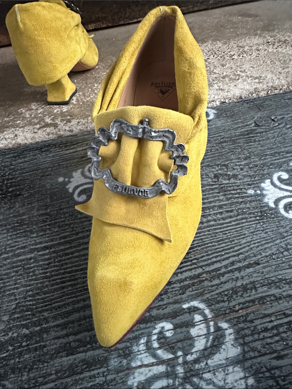Fluevog Juliette Suede Pointed Toe Heels with Decorative Buckle. - Picture 5 of 10